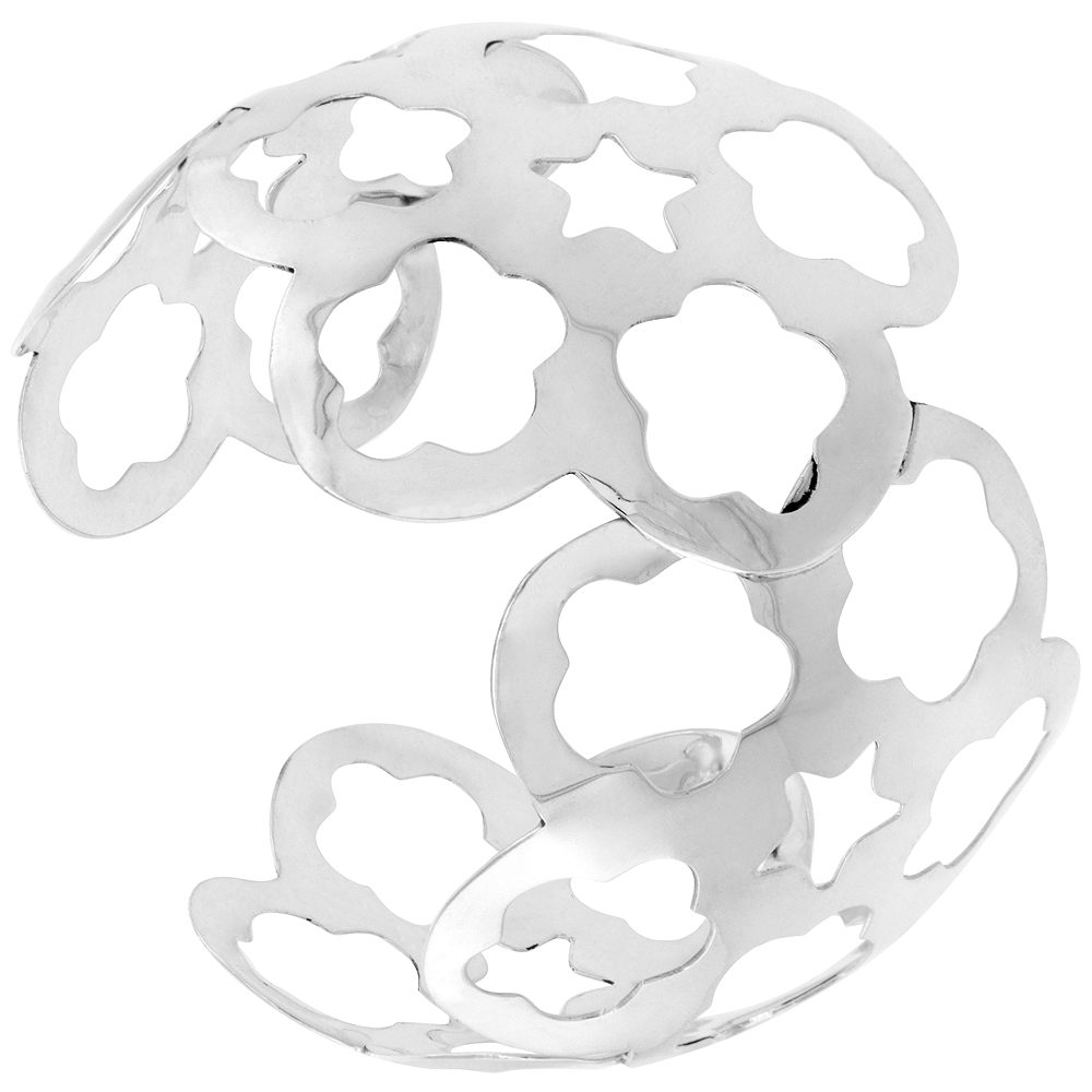 STERLING SILVER STARS & FLOWERS WIDE CUFF BRACELET FOR WOMEN CONVEX HANDMADE HIGH POLISHED FINISH (53MM) 2 1/16 INCH WIDE