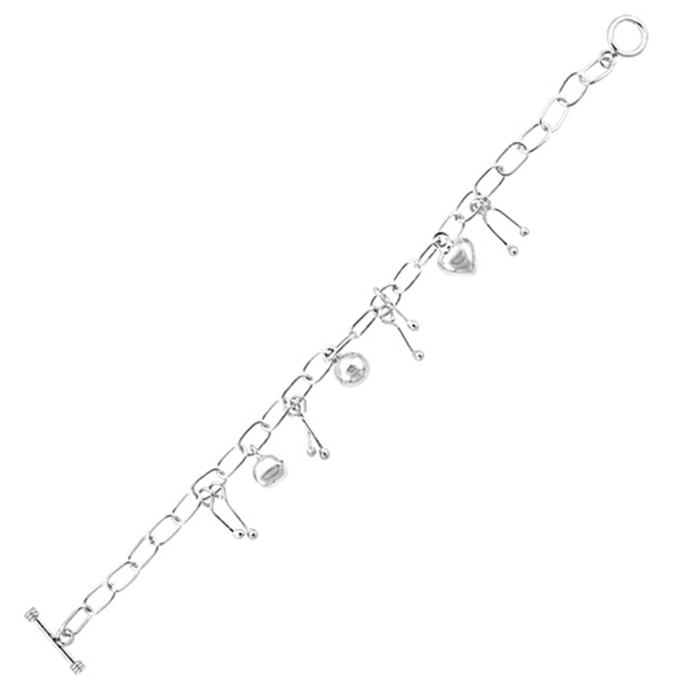 STERLING SILVER DANGLING BALL & PUFFED HEART TOGGLE CHARM BRACELET, 7.5 INCHES LONG