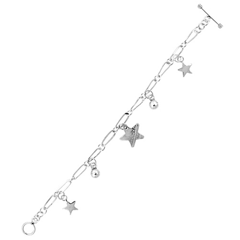 Sterling Silver Dangling Ball &amp; Star Toggle Charm Bracelet, 7.5 inches long