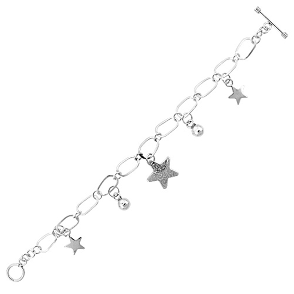 Sterling Silver Dangling Carved Star Center &amp; Ball Link Toggle Charm Bracelet, 7.5 inches long
