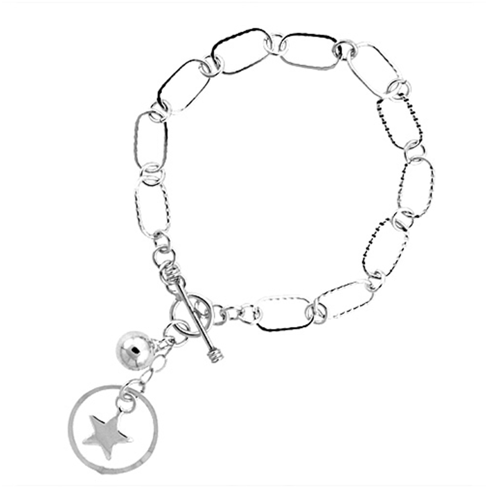 STERLING SILVER PENTAGRAM & BALL LINK TOGGLE CHARM BRACELET, 7.5 INCHES LONG