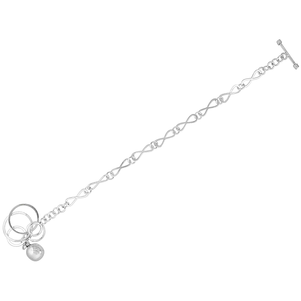 Sterling Silver Ball &amp; Circles Eternity Link Toggle Charm Bracelet, 7.5 inches long
