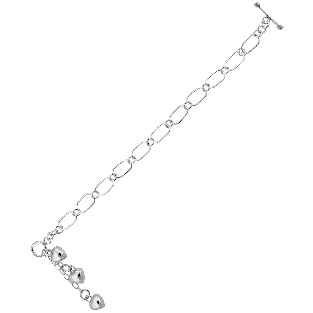 STERLING SILVER SWAYING PUFFED HEART LINK TOGGLE CHARM BRACELET, 7.5 INCHES LONG