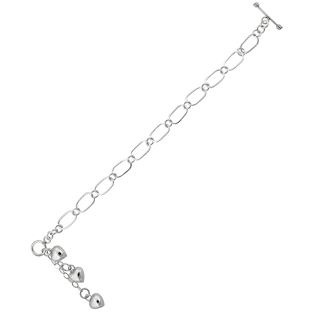 Sterling Silver Swaying Puffed Heart Link Toggle Charm Bracelet, 7.5 inches long