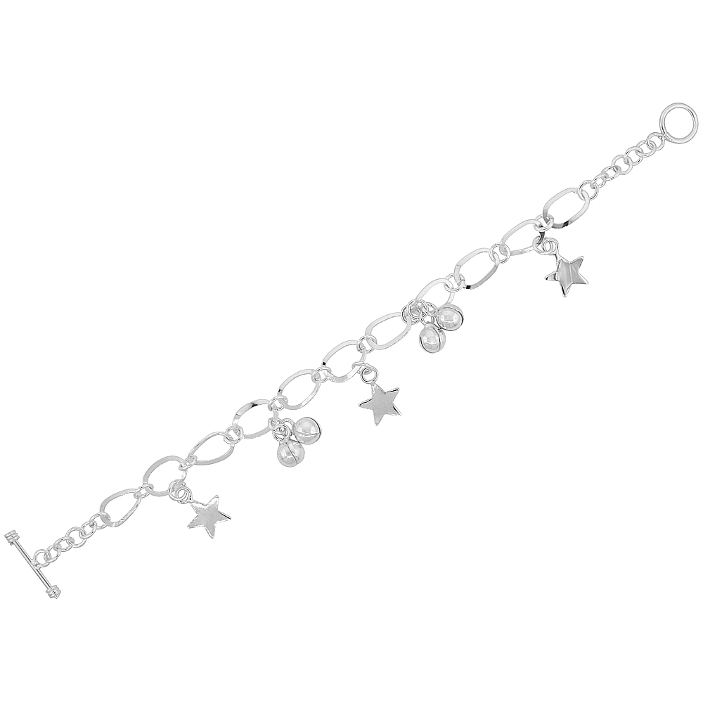 STERLING SILVER CHIME BALL & STAR LINK TOGGLE CHARM BRACELET, 7.5 INCHES LONG