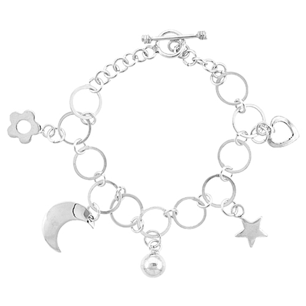 STERLING SILVER DANGLING CRESCENT MOON, STAR, HEART, FLOWER & BALL ROUND LINK TOGGLE CHARM BRACELET, 7 INCHES LONG