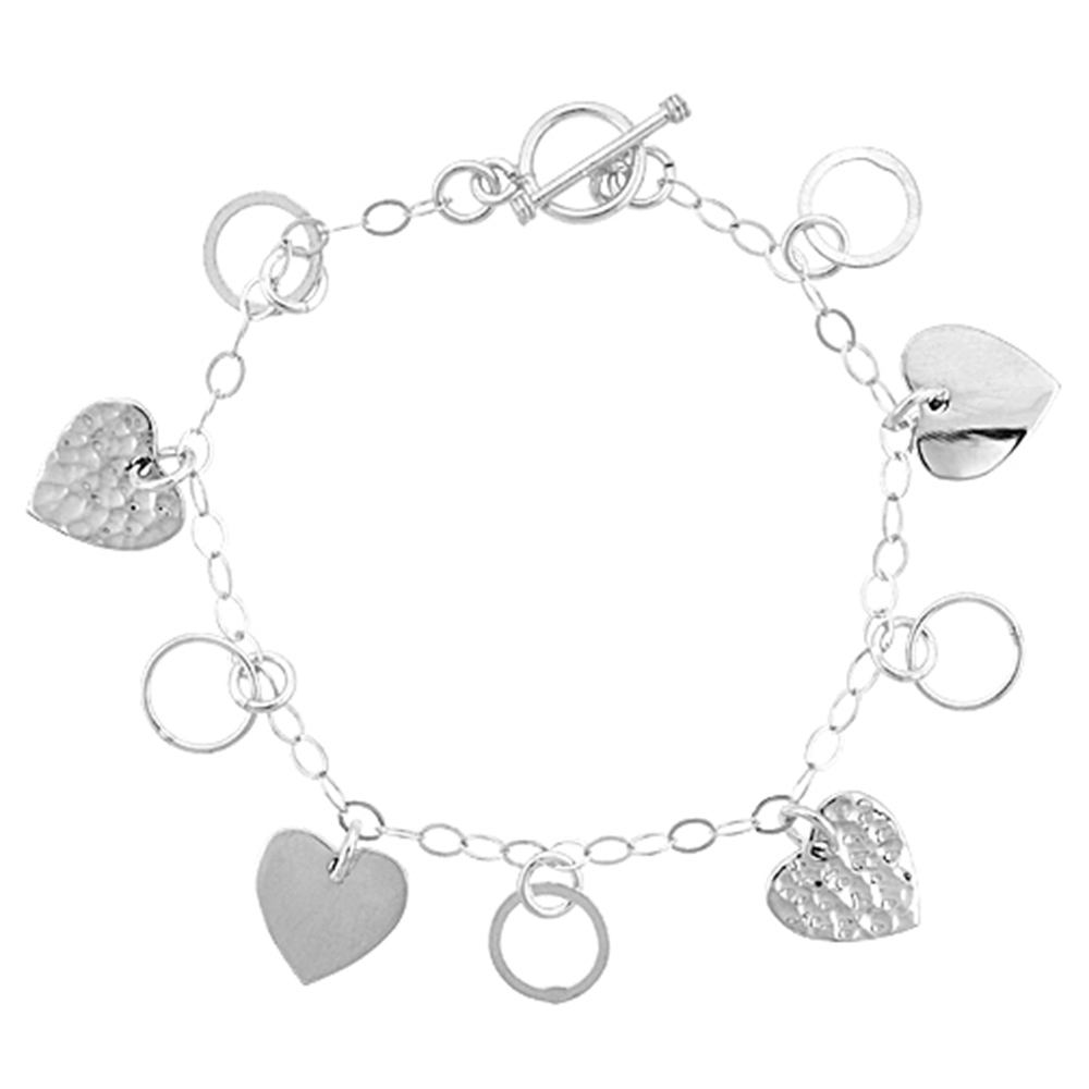 Sterling Silver Dangling Heart &amp; Circle Link Toggle Charm Bracelet, 7.5 inches long