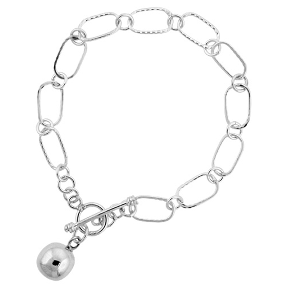 STERLING SILVER BALL RECTANGULAR LINK TOGGLE CHARM BRACELET, 7.5 INCHES LONG