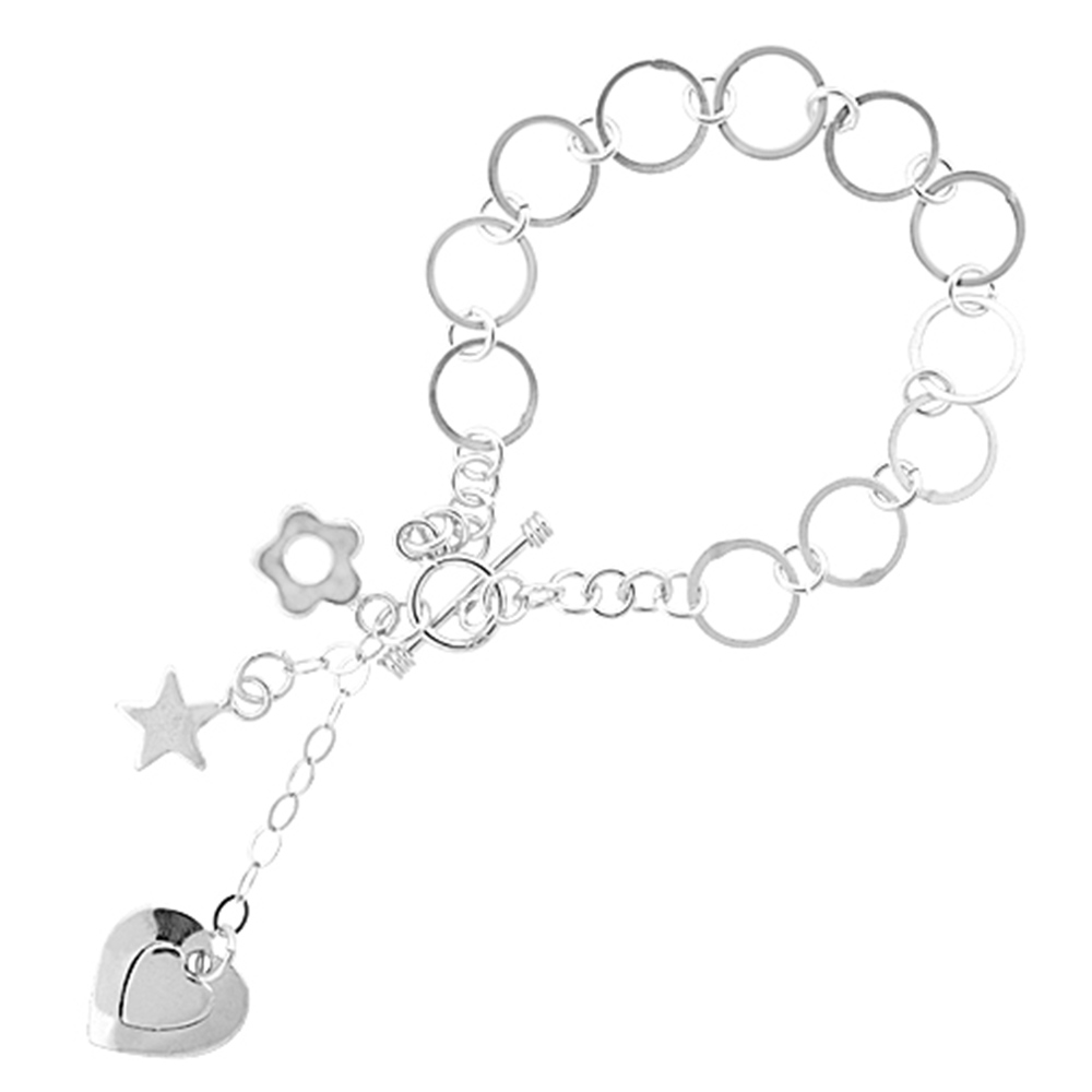 Sterling Silver Dangling Heart, Star &amp; Flower Round Link Toggle Charm Bracelet, 7.25 inches long
