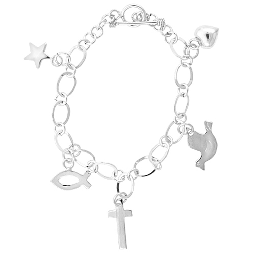 STERLING SILVER DANGLING CROSS, CHRISTIAN FISH, DOVE, STAR & PUFFED HEART LINK TOGGLE CHARM BRACELET, 7.5 INCHES LONG