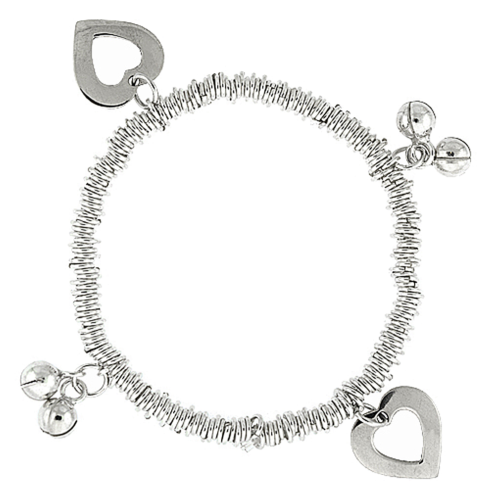 Sterling Silver Dangling Open Heart &amp; Chime Ball Stretch Charm Bracelet, fits 7 inch wrists