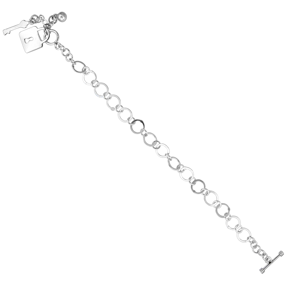 STERLING SILVER LOCK & KEY WITH BALL ROUND LINK TOGGLE CHARM BRACELET, 7.5 INCHES LONG