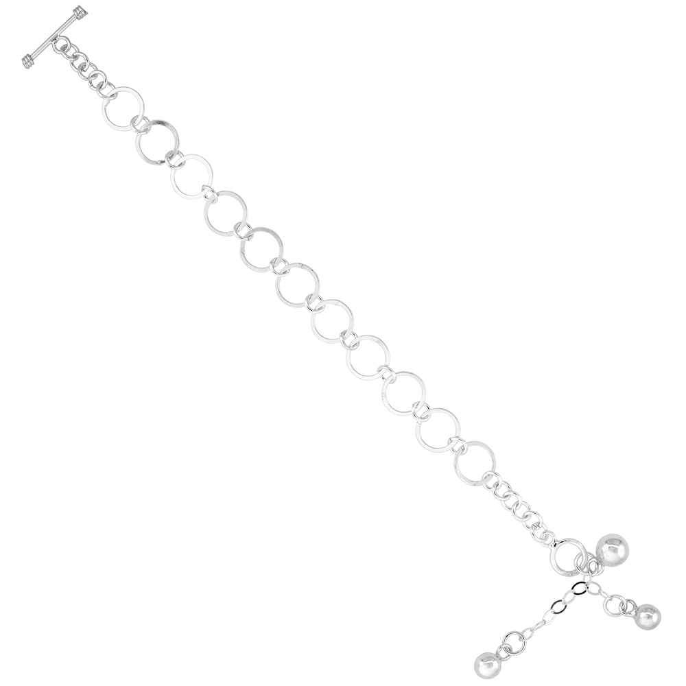 STERLING SILVER DANGLING BALL ROUND LINK TOGGLE CHARM BRACELET, 7 INCHES LONG