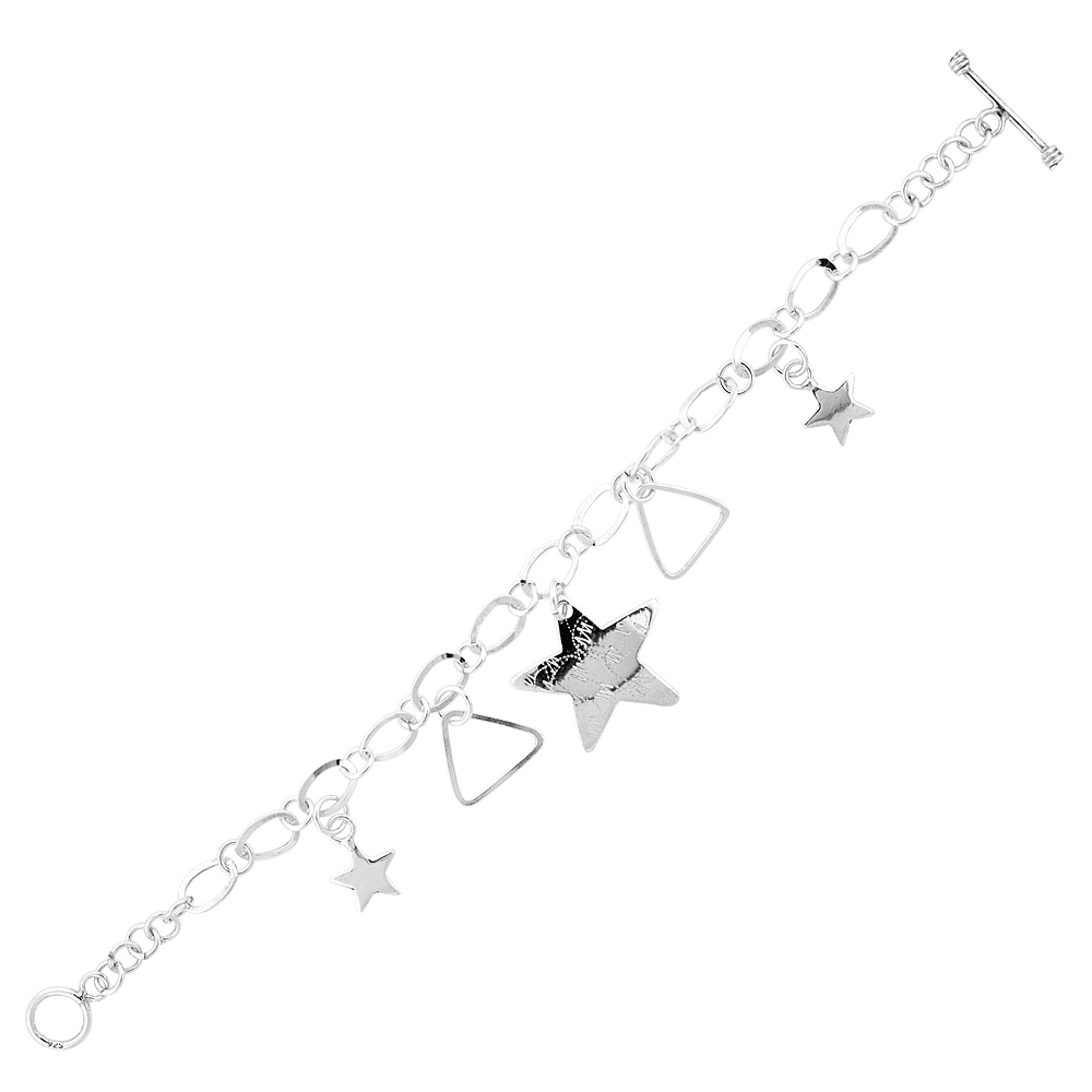 STERLING SILVER STAR & TRIANGLE LINK TOGGLE CHARM BRACELET, 7.5 INCHES LONG