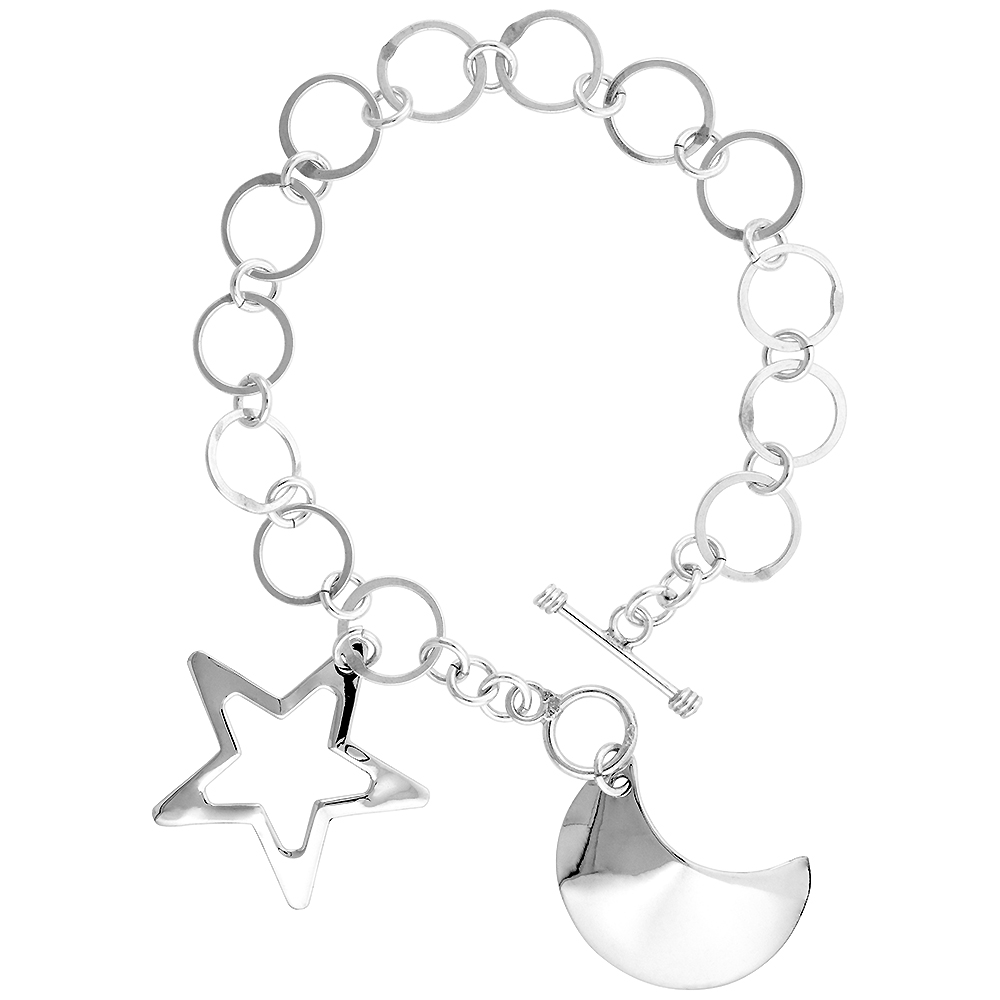 STERLING SILVER STAR AND CRESCENT MOON ROUND LINK TOGGLE CHARM BRACELET, 7.5 INCHES LONG