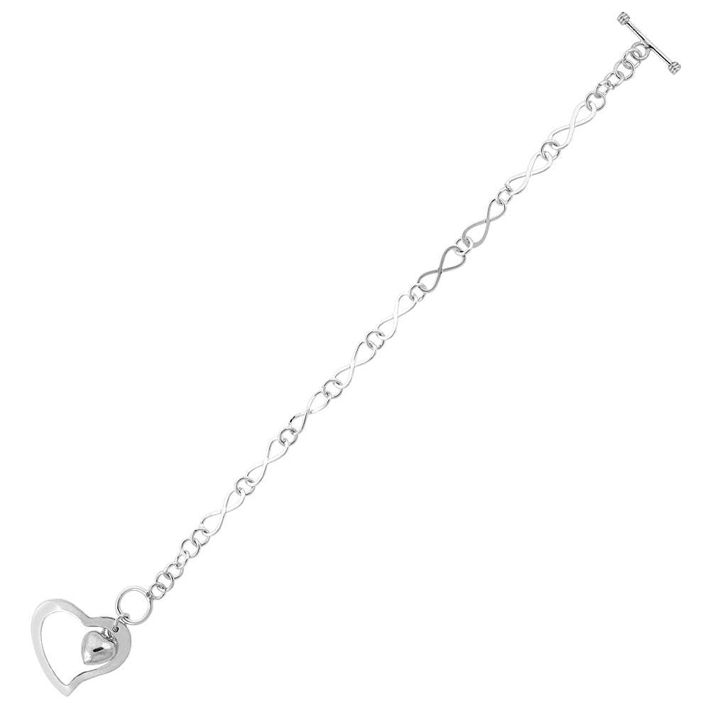 STERLING SILVER CUT-OUT HEART ETERNITY LINK TOGGLE CHARM BRACELET, 7.5 INCHES LONG