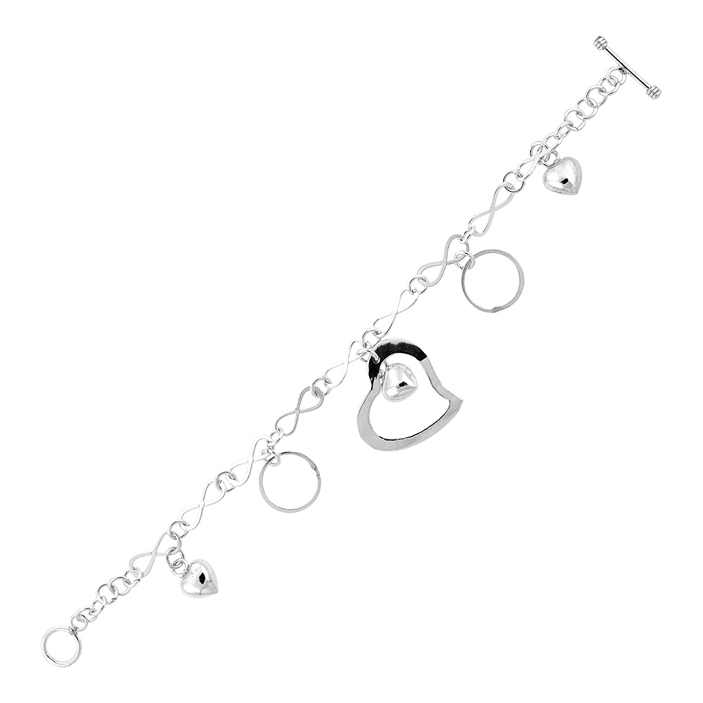 STERLING SILVER HEARTS AND CIRCLES ETERNITY LINK TOGGLE CHARM BRACELET, 7.5 INCHES LONG