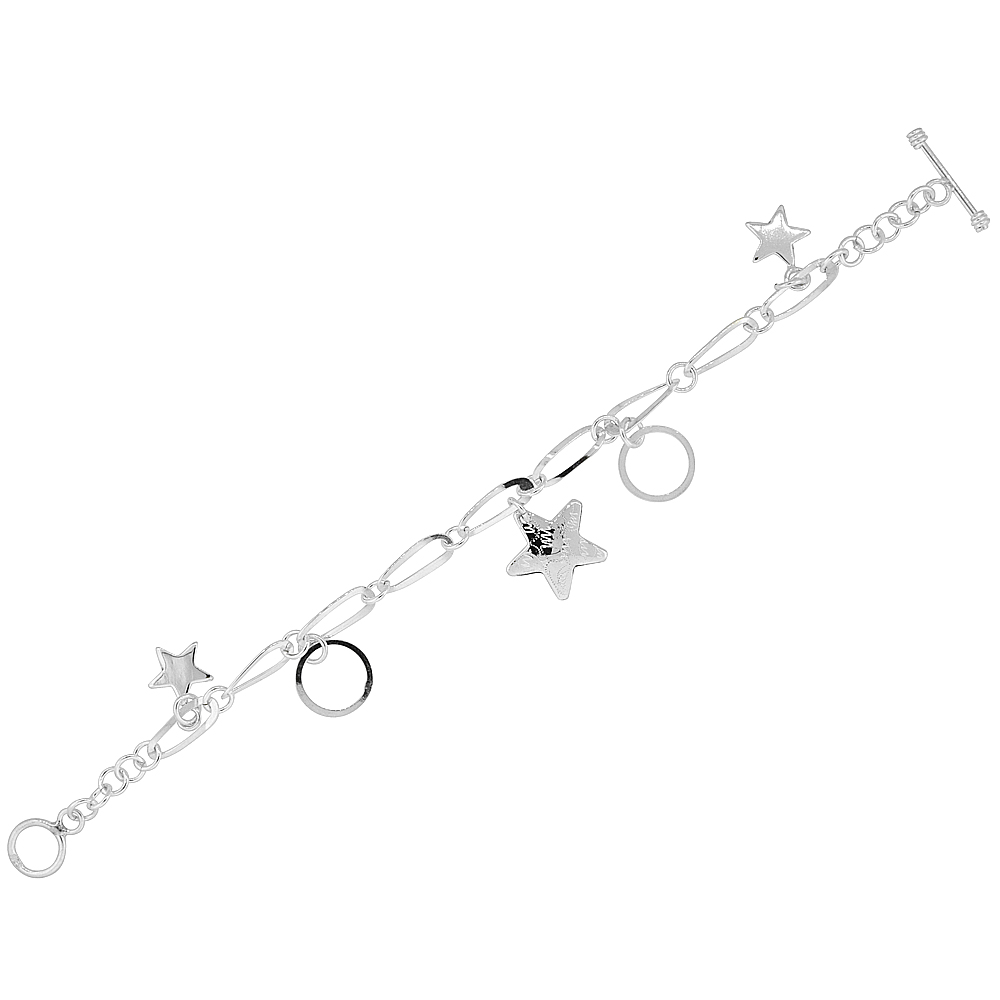 STERLING SILVER STARS & CIRCLES TOGGLE CHARM BRACELET, 7.5 INCHES LONG