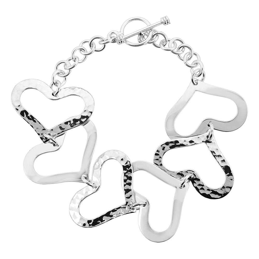 STERLING SILVER HEARTS LINK TOGGLE CHARM BRACELET, 7 INCHES LONG