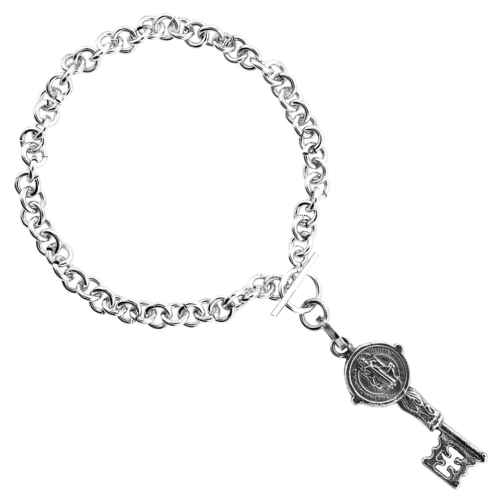 Sterling Silver Saint Benedict Key Toggle Bracelet, 8 inches long