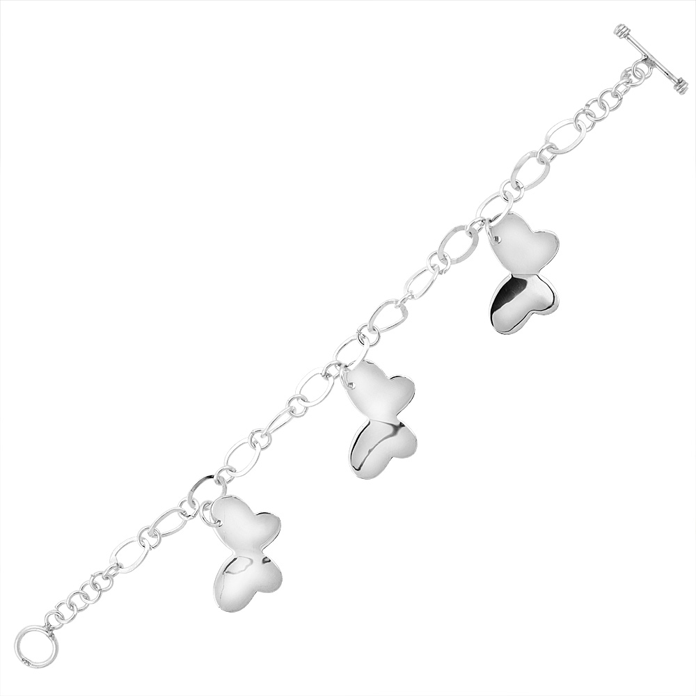 Sterling Silver Butterflies Toggle Bracelet, 7.5 inches long