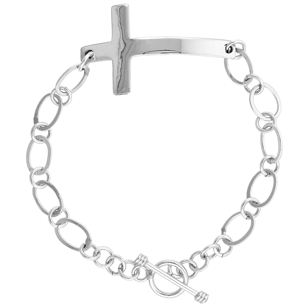 STERLING SILVER CROSS TOGGLE BRACELET, 7.5 INCHES LONG