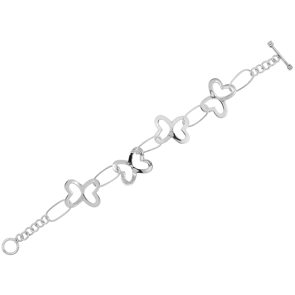 STERLING SILVER BUTTERFLIES TOGGLE BRACELET, 7.5 INCHES LONG