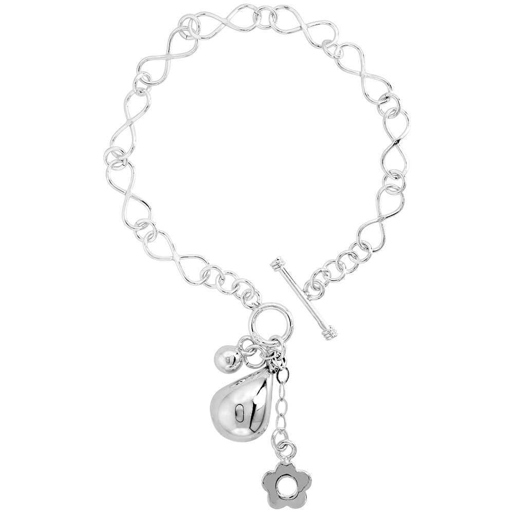 Sterling Silver Infinity Link Bracelet for Women Teradrop Flower Ball Charms Toggle Clasp 7.5 inch