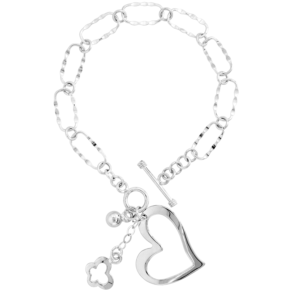 STERLING SILVER RECTANGLE LINK BRACELET FOR WOMEN HEAR BUTTERFLY BALL CHARMS TOGGLE CLASP 7.5 INCH