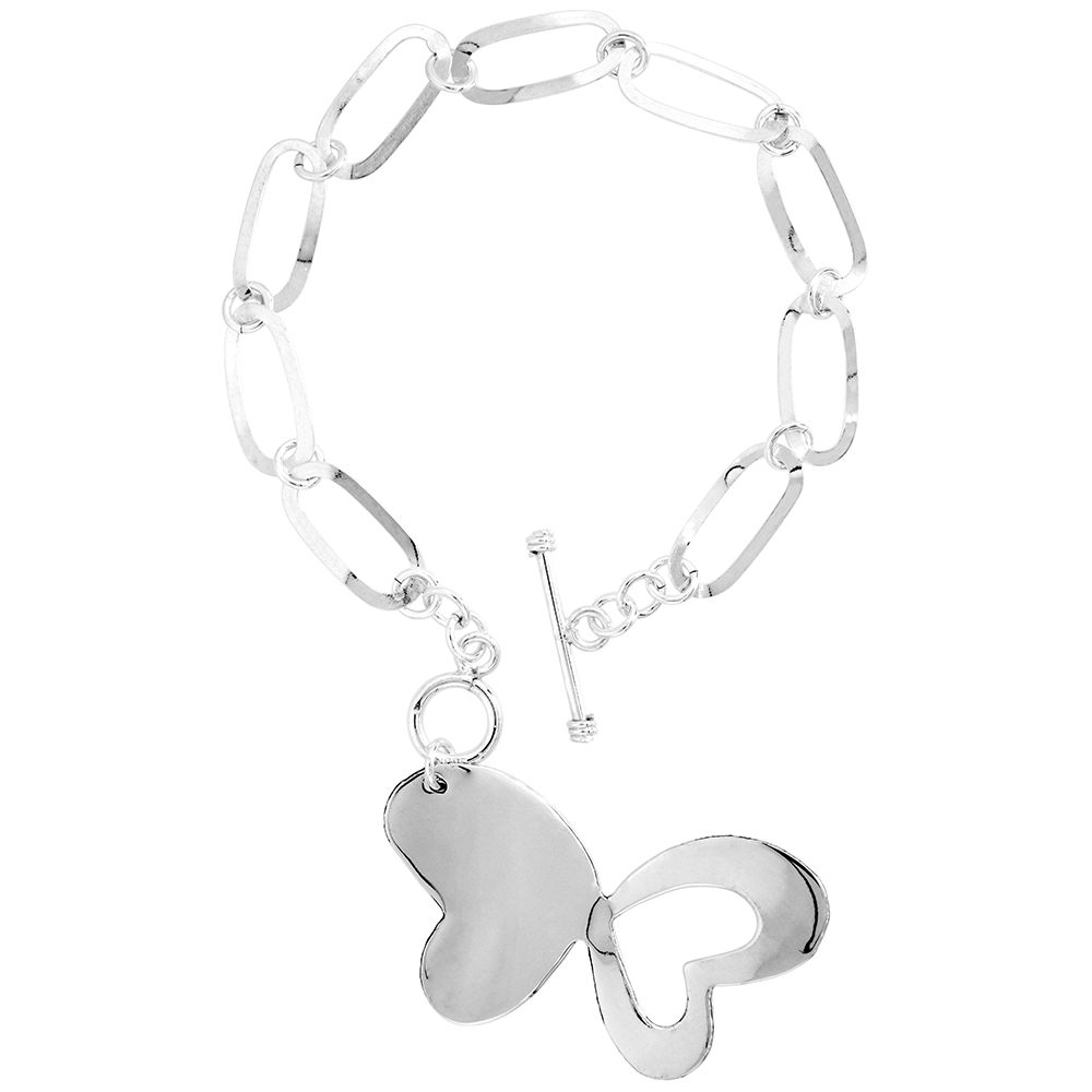 STERLING SILVER OVAL LINK BRACELET FOR WOMEN LARGE BUTTERFLY HEART CHARM TOGGLE CLASP 7.5 INCH
