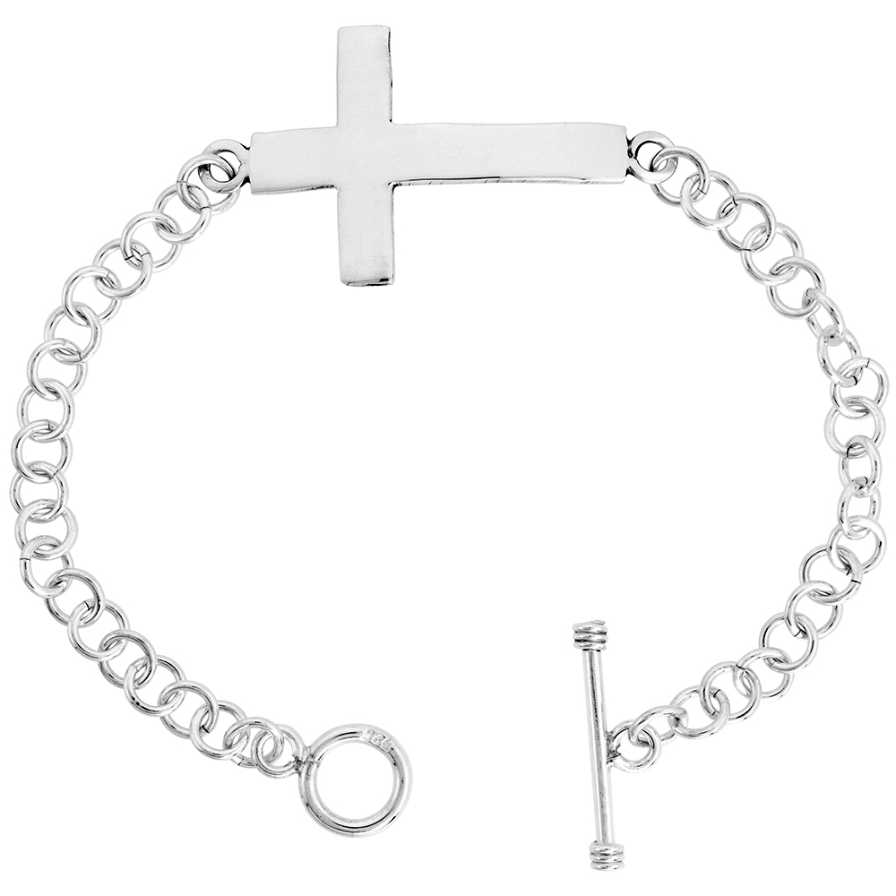 Sterling Silver Sideways Cross Bracelet for Women Round Links Toggle Clasp Handmade 7.5 inch