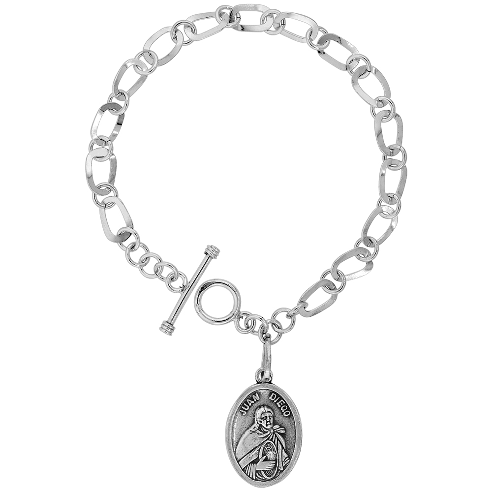 Sterling Silver Lady of Guadalupe San Juan Diego Bracelet for Women Oval Links Toggle Clasp 7.5 inch
