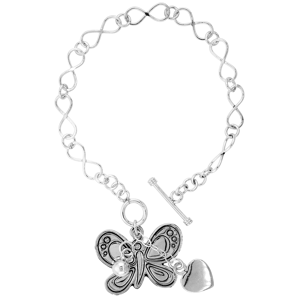 Sterling Silver Figure 8 Link Bracelet for Women Large Butterfly Heart Ball Charms Toggle Clasp 7.5 inch