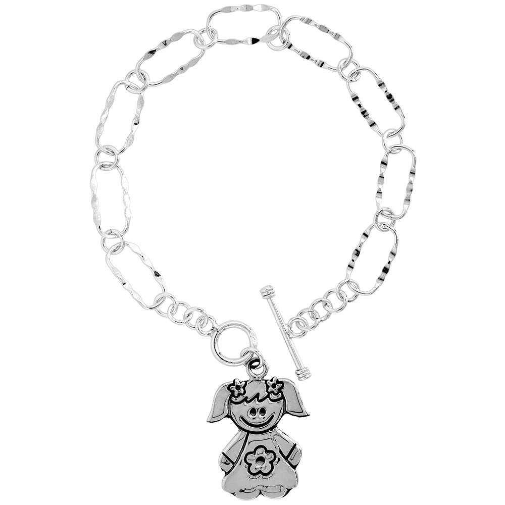 STERLING SILVER RECTANGLE LINK BRACELET FOR WOMEN LITTLE GIRL CHARM TOGGLE CLASP HANDMADE 7.5 INCH