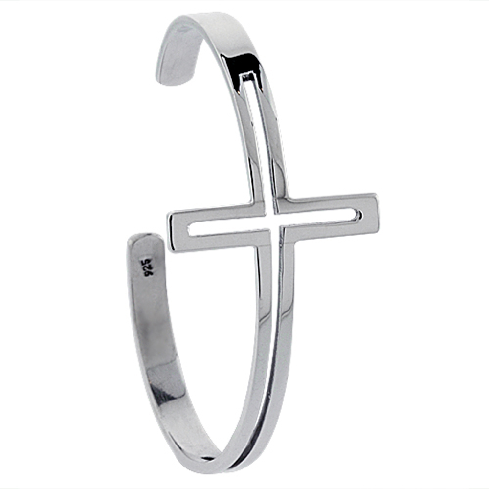 STERLING SILVER SIDEWAY CROSS CUFF BANGLE 1 3/16 INCH WIDE, 7 INCH