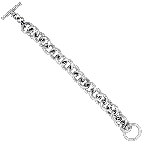 STERLING SILVER CIRCLES LINKS HOLLOW TOGGLE BRACELET, 8 INCHES LONG