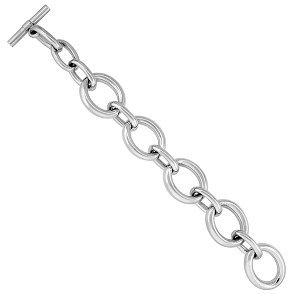 STERLING SILVER ALTERNATING BIG AND SMALL OVAL LINKS HOLLOW TOGGLE BRACELET, 8 INCHES LONG