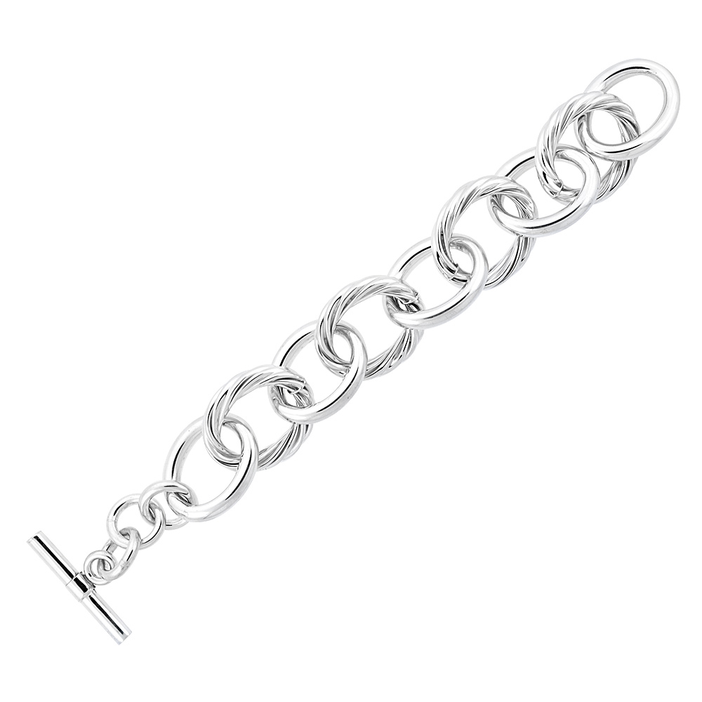STERLING SILVER PLAIN & TWISTED OVAL LINKS HOLLOW TOGGLE BRACELET, 9 INCH LONG