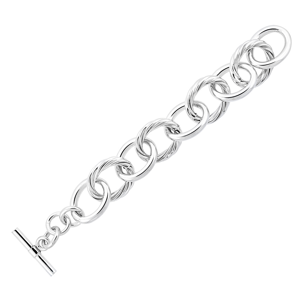 Sterling Silver Plain &amp; Twisted Oval Links Hollow Toggle Bracelet, 9 inch long