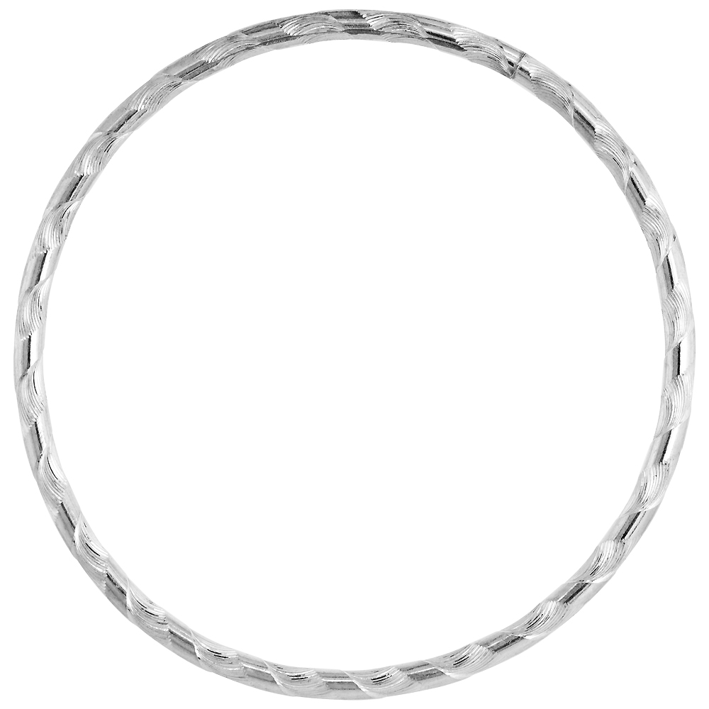 STERLING SILVER 3MM STACKING SLIP-ON BANGLE DIAMOND-CUT WAVY, FITS 7.5 INCH WRIST