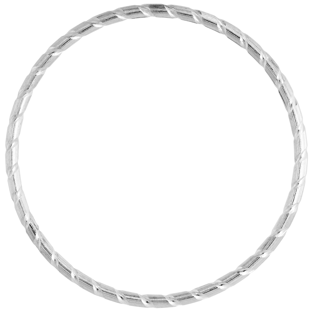 STERLING SILVER 3MM STACKING SLIP-ON BANGLE DIAMOND-CUT NOTCHED, FITS 7.5 INCH WRIST