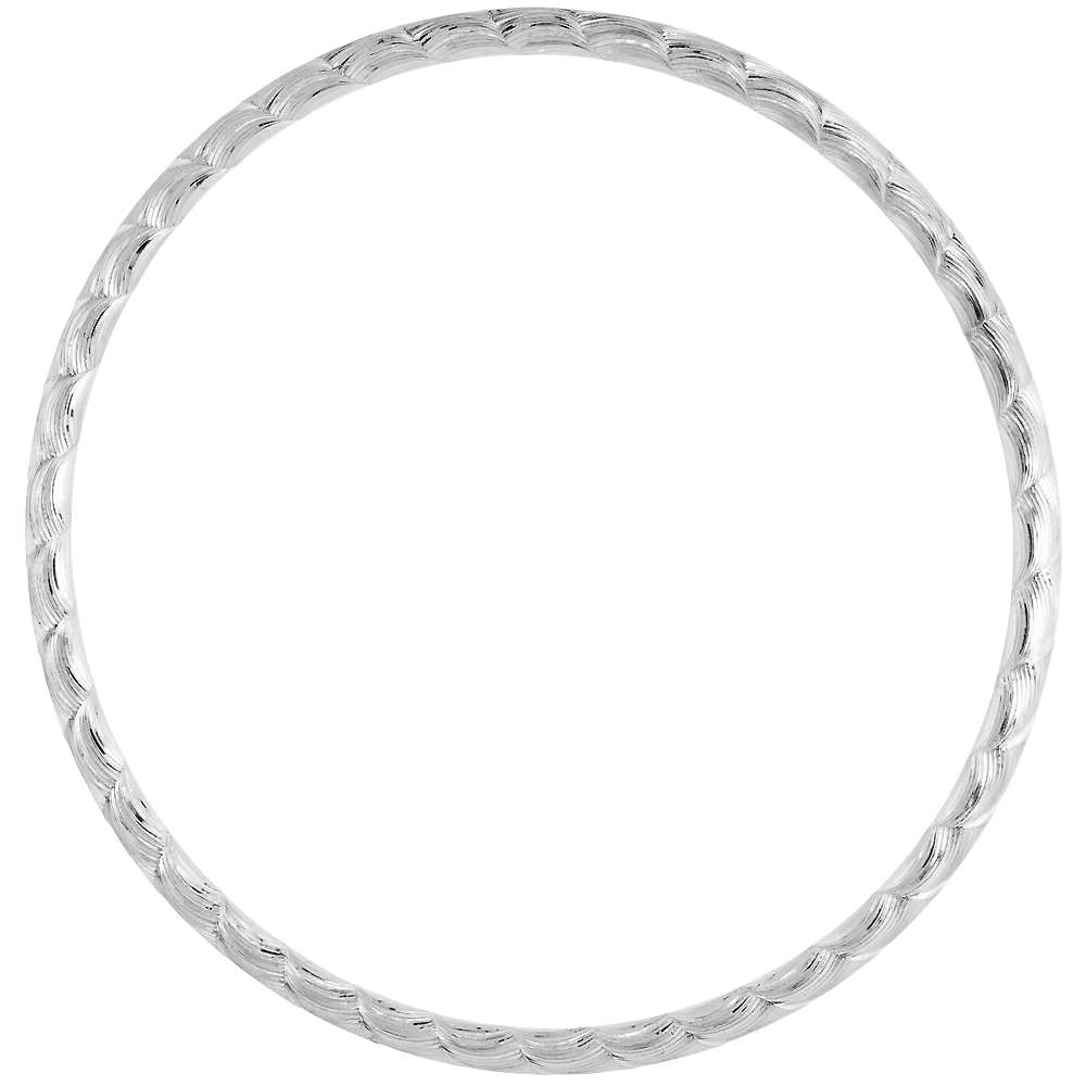STERLING SILVER 3MM STACKING SLIP-ON BANGLE DIAMOND-CUT SCALLOP, FITS 7.5 INCH WRIST