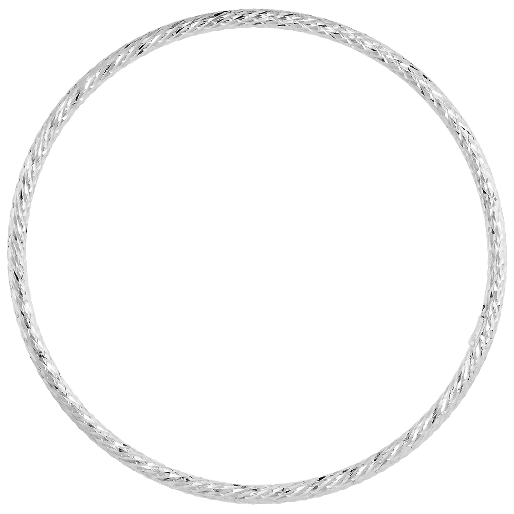 STERLING SILVER 3MM STACKING SLIP-ON BANGLE DIAMOND-CUT CRISSCROSS, FITS 8 INCH WRIST