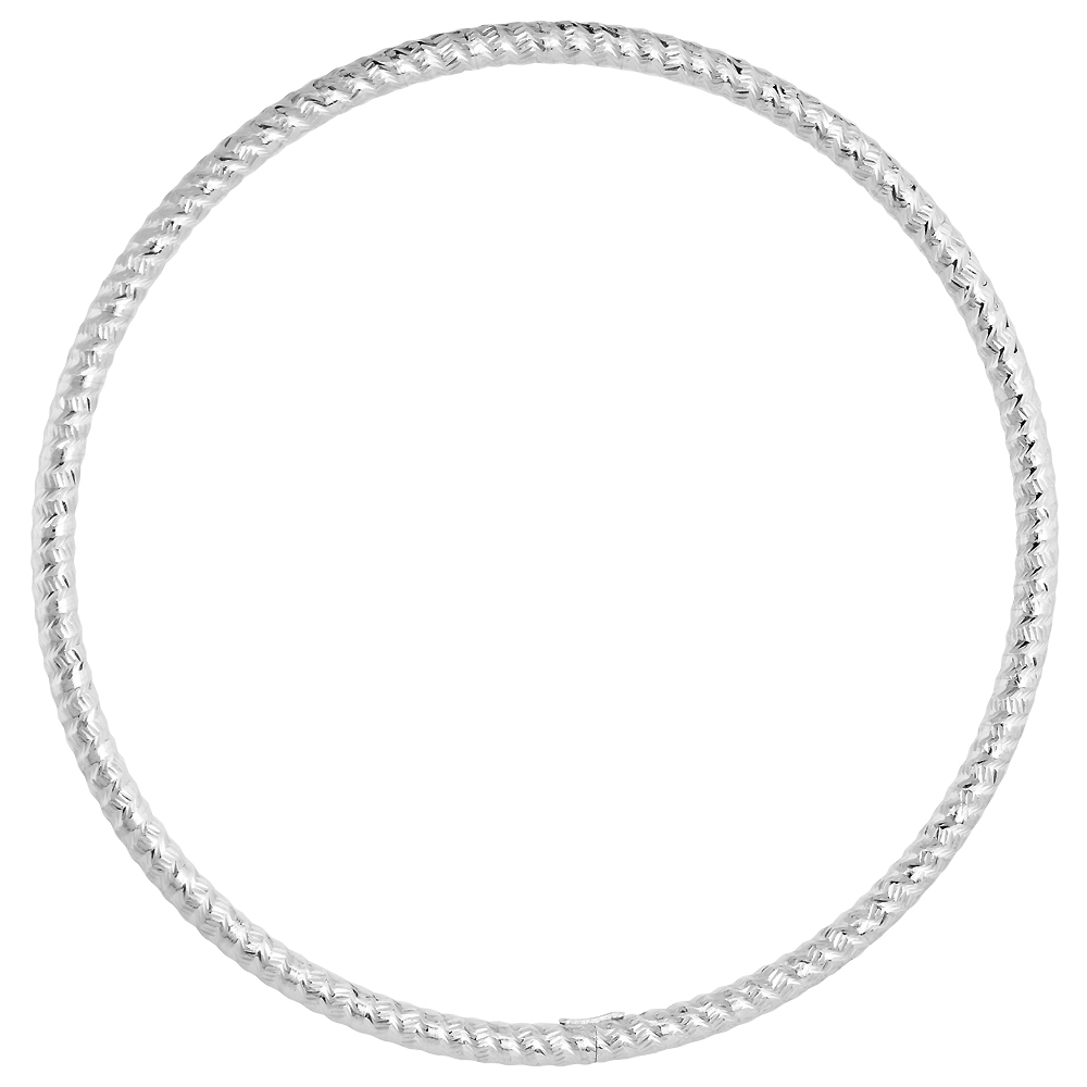 STERLING SILVER 3MM STACKING SLIP-ON BANGLE DIAMOND-CUT SIDEWAY SLIT, FITS 8 INCH WRIST