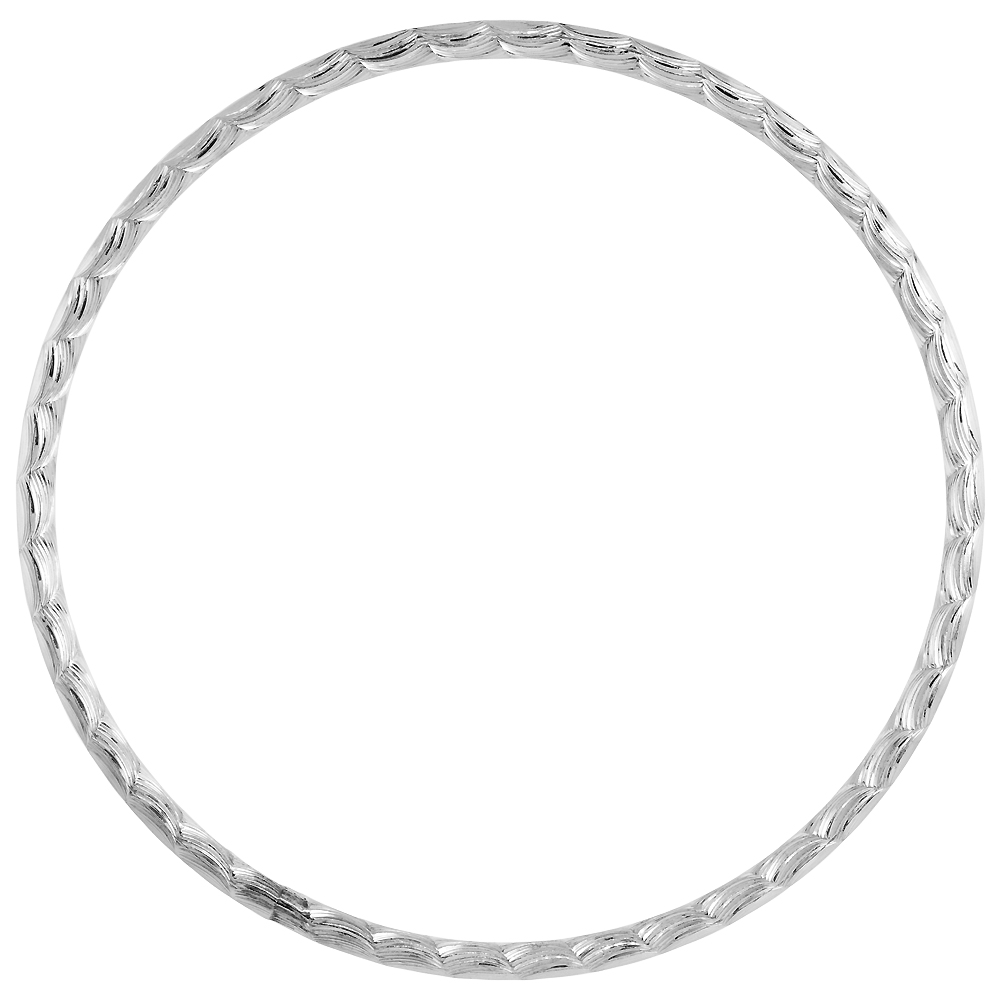 STERLING SILVER 3MM STACKING SLIP-ON BANGLE DIAMOND-CUT SCALLOP, FITS 8 INCH WRIST