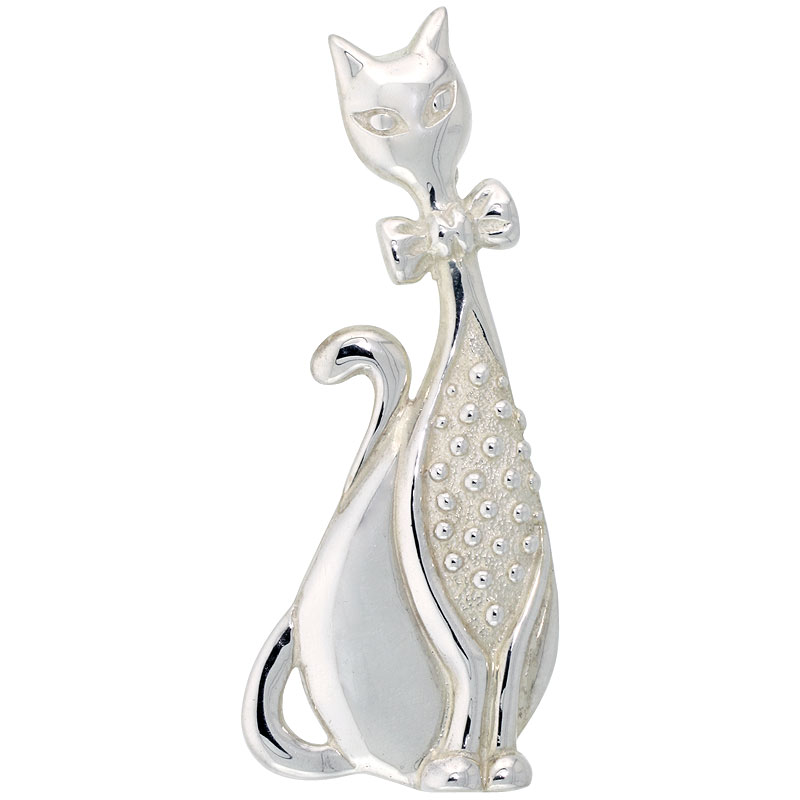 STERLING SILVER WHIMSICAL SITTING CAT BROOCH PIN, 2 1/4" (58 MM) TALL
