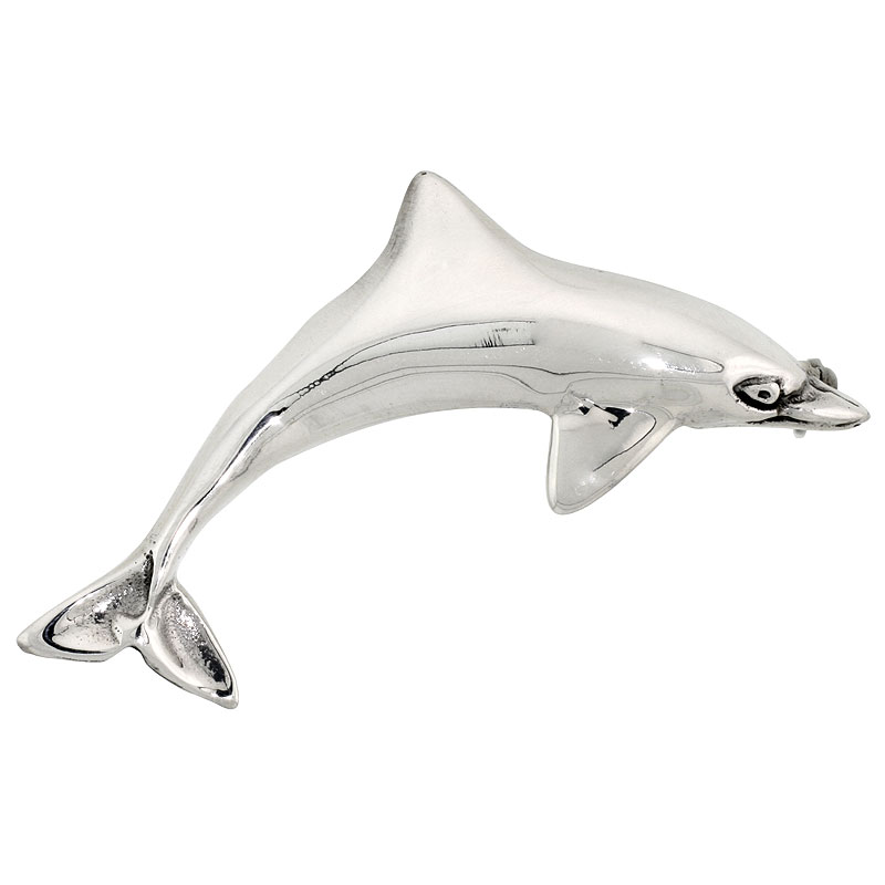 STERLING SILVER DOLPHIN BROOCH PIN, 2 1/8" (53 MM) WIDE