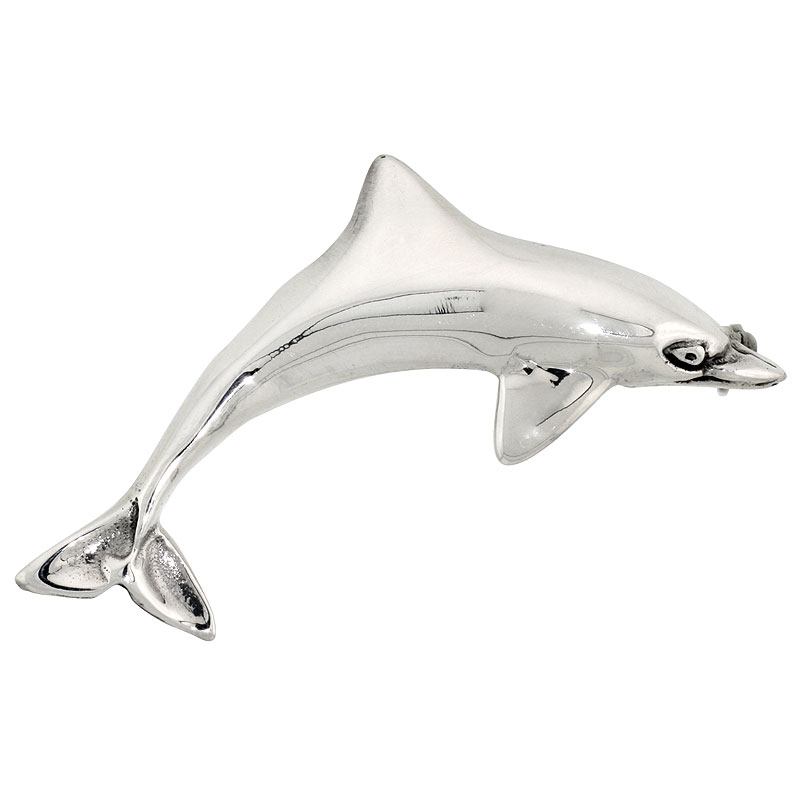 Sterling Silver Dolphin Brooch Pin, 2 1/8" (53 mm) wide