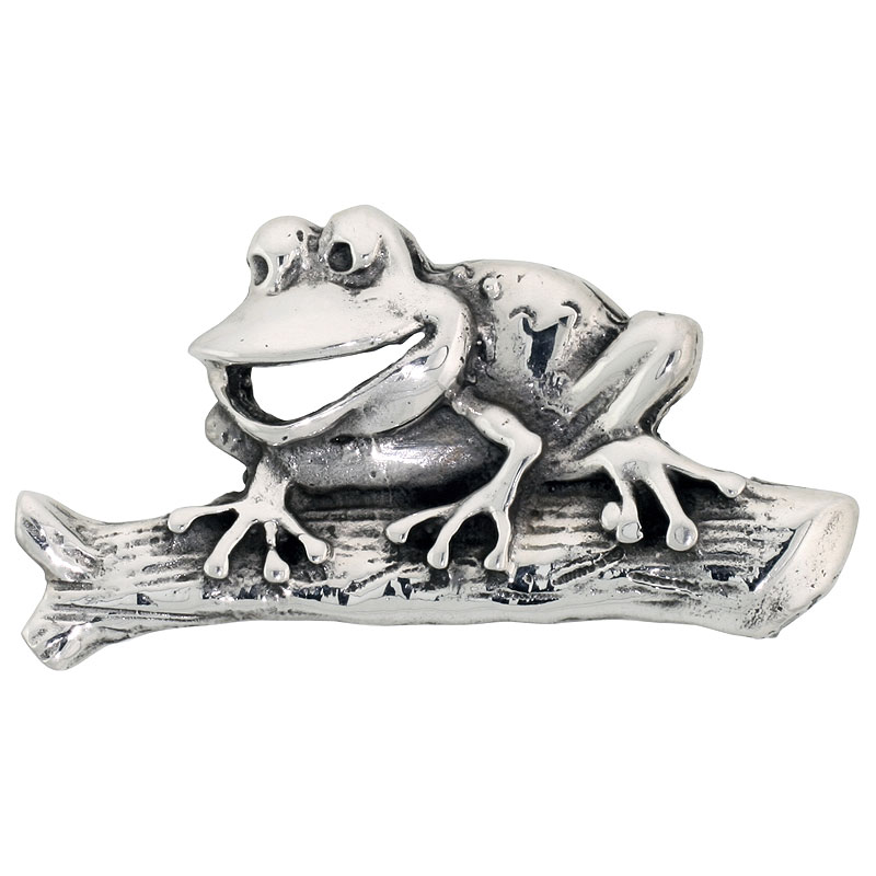 Sterling Silver Happy Frog on Log Brooch Pin, 1 1/2" (39 mm) wide