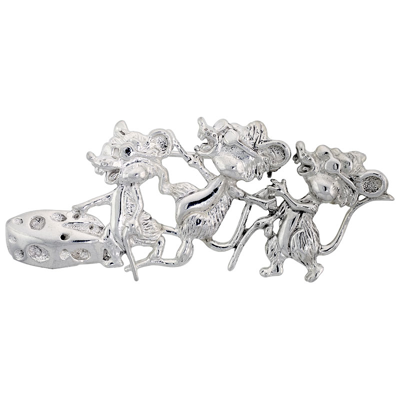 STERLING SILVER THREE BLIND MICE BROOCH PIN, 2 7/8" (73 MM) WIDE
